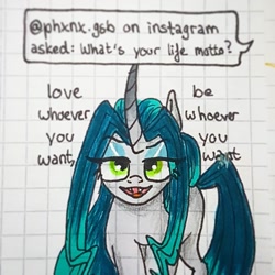 Size: 1080x1080 | Tagged: safe, artist:galaxy.in.mind, imported from derpibooru, oc, oc only, oc:crystal dawn, changepony, hybrid, pony, unicorn, ask, bedroom eyes, bust, female, graph paper, heart, horn, magical lesbian spawn, makeup, mare, offspring, open mouth, parent:princess celestia, parent:queen chrysalis, parents:chryslestia, solo, traditional art, unicorn oc