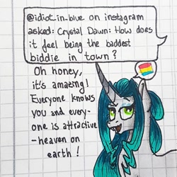 Size: 1080x1080 | Tagged: safe, artist:galaxy.in.mind, imported from derpibooru, oc, oc only, oc:crystal dawn, changepony, hybrid, pony, unicorn, ask, bust, female, graph paper, horn, magical lesbian spawn, makeup, mare, offspring, open mouth, pansexual, pansexual pride flag, parent:princess celestia, parent:queen chrysalis, parents:chryslestia, pictogram, pride, pride flag, solo, traditional art, unicorn oc