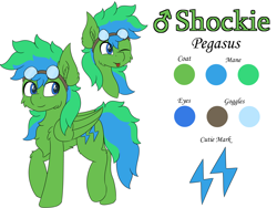 Size: 8000x6000 | Tagged: safe, artist:skylarpalette, imported from derpibooru, oc, oc only, oc:shockie, pegasus, pony, :p, blue eyes, cheek fluff, chest fluff, colored, cute, ear fluff, flat colors, fluffy, full body, goggles, green fur, looking back, male, pegasus oc, reference sheet, simple background, smiling, solo, stallion, tongue out, walking, white background, wings