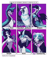 Size: 1692x2048 | Tagged: safe, artist:banoodle, imported from derpibooru, oc, oc only, oc:tazriel, anthro, bird, deer, dragon, kirin, sergal, vulture, six fanarts, braid, dragon oc, guinea pig, kirin oc, smiling, smirk, species swap