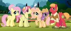 Size: 1280x565 | Tagged: safe, artist:bounswetie, artist:kittypaintyt, artist:melodysweetheart, artist:sleepy-rosie-sav, artist:sunriseauburn, imported from derpibooru, big macintosh, fluttershy, little mac, oc, oc:apple tart, oc:florenshy, earth pony, pegasus, pony, rabbit, alternate timeline, animal, base used, family, female, fluttermac, male, offspring, older, older big macintosh, older fluttershy, parent:big macintosh, parent:fluttershy, parents:fluttermac, shipping, straight, watermark