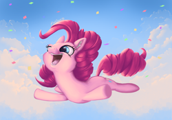 Size: 2388x1668 | Tagged: safe, artist:pinkocean93, imported from derpibooru, pinkie pie, earth pony, pony, blue eyes, celebration, cloud, confetti, cute, diapinkes, ear fluff, female, happy, jumping, mare, open mouth, simple background, sky, smiling, solo, teeth