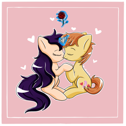 Size: 1000x1000 | Tagged: safe, artist:kathleen oday, imported from derpibooru, feather bangs, oc, oc:melody verve, earth pony, unicorn, beautiful, canon x oc, commission, cute, eyes closed, flower, heart, kissing, levitation, love, magic, rose, shipping, simple background, smiling, telekinesis