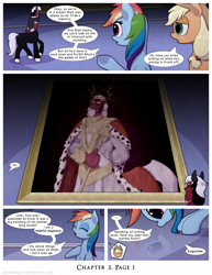 Size: 1200x1552 | Tagged: safe, artist:deusexequus, idw, imported from derpibooru, applejack, king vorak, lord tirek, rainbow dash, centaur, earth pony, pegasus, pony, comic:fix, applejack is not amused, comic, female, marble floor, mare, painting, reflection, speech bubble, unamused, young tirek, younger