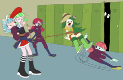 Size: 1474x963 | Tagged: safe, artist:bugssonicx, imported from derpibooru, alizarin bubblegum, cozy glow, melon mint, sweet leaf, watermelody, equestria girls, bondage, bow, brightly colored ninjas, canterlot high, captured, chloroform, crystal prep academy students, female, fight, implied derpy hooves, kunoichi, lasso, locker, lockers, martial arts, mask, ninja, rope, sandals, surprised, sweep kick