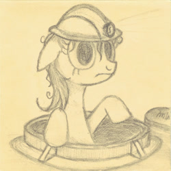 Size: 500x500 | Tagged: safe, artist:hotkinkajou, hard hat, manhole, mare, monochrome, pencil drawing, plumber, sewer, solo, thousand yard stare