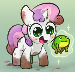 Size: 1187x1145 | Tagged: safe, artist:dawnfire, edit, sweetie belle, frog, pony, unicorn, blushing, cropped, cute, diasweetes, dirty, female, filly, glowing horn, magic, mud, open mouth, smiling, solo, sweetie belle's magic brings a great big smile, telekinesis, weapons-grade cute