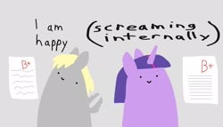 Size: 1536x881 | Tagged: safe, artist:2merr, derpy hooves, twilight sparkle, pegasus, pony, unicorn, /mlp/, 4chan, :), dialogue, drawn on phone, drawthread, duo, duo female, female, grades, gray background, happy, horn, internal screaming, mare, not happy, paper, screaming, screaming internally, simple background, smiley face, smiling, stylistic suck, test, text, unicorn twilight, wings