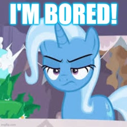 Size: 500x500 | Tagged: safe, edit, edited screencap, imported from derpibooru, screencap, trixie, pony, unicorn, a horse shoe-in, bored, caption, female, image macro, needs more jpeg, solo, text