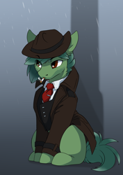 Size: 2480x3508 | Tagged: safe, artist:arctic-fox, imported from derpibooru, oc, oc only, oc:juniper shores, pony, fanfic:starlight over detrot: a noir tale, cigarette, clothes, rain, smoking, solo