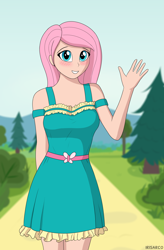 Size: 3274x5000 | Tagged: safe, alternate version, artist:irisarco, imported from derpibooru, kotobukiya, fluttershy, human, equestria girls, adorasexy, belt, blushing, clothes, cute, dress, female, grass, human coloration, kotobukiya fluttershy, looking at you, multiple variants, outdoors, path, sexy, shyabetes, smiling, solo, standing, tree, waving