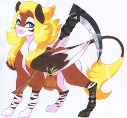 Size: 3224x2999 | Tagged: safe, artist:frozensoulpony, imported from derpibooru, oc, oc only, oc:okimba, hybrid, pegasus, pony, male, scythe, solo, traditional art