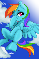 Size: 768x1152 | Tagged: safe, artist:kiwi cutie, imported from derpibooru, rainbow dash, pegasus, pony, :p, cloud, digital art, female, flying, mare, one eye closed, sky, solo, speedpaint, tail, teasing, tongue out, wings