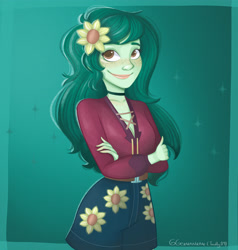 Size: 4000x4200 | Tagged: safe, artist:twily09, imported from derpibooru, wallflower blush, equestria girls, equestria girls series, absurd resolution, clothes, crossed arms, cute, digital art, female, flower, flower in hair, freckles, green background, simple background, smiling, solo