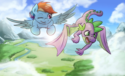 Size: 1024x626 | Tagged: safe, imported from derpibooru, rainbow dash, spike, dragon, pegasus, pony, annoyed, cloud, female, flying, forest, grassland, male, mare, mountain, practice, river, scenery, sky, teaching, training, tutoring, water, winged spike, wings