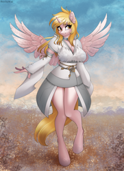 Size: 800x1103 | Tagged: safe, artist:rexiwiksi, imported from derpibooru, oc, oc only, oc:star nai, alicorn, anthro, pony, unguligrade anthro, alicorn oc, clothes, female, golden hair, horn, looking at you, mare, solo, wings