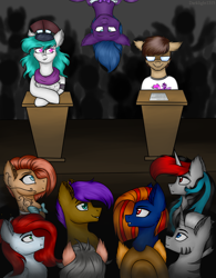 Size: 3000x3845 | Tagged: safe, artist:darklight1315, imported from derpibooru, oc, oc:darklight kvass, oc:dreams, oc:gearsy septima, oc:leaflet, oc:master time, oc:re volta, oc:sallynightmare, earth pony, pegasus, pony, unicorn, debate