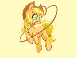 Size: 1600x1200 | Tagged: safe, artist:royal, imported from derpibooru, applejack, earth pony, pony, cowboy hat, female, hat, lasso, mare, mouth hold, orange background, rope, simple background, solo