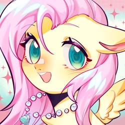 Size: 1754x1754 | Tagged: safe, artist:royal, imported from derpibooru, part of a set, fluttershy, pony, blushing, bust, colored pupils, cute, female, jewelry, looking at you, mare, necklace, open mouth, portrait, seashell necklace, shyabetes, solo, summer