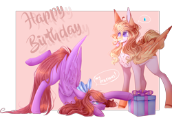 Size: 2481x1704 | Tagged: safe, artist:keltonia, imported from derpibooru, oc, oc only, pegasus, pony, bow, female, hair bow, mare, party horn, present