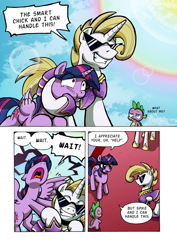 Size: 1204x1700 | Tagged: safe, artist:tarkron, imported from derpibooru, princess celestia, spike, twilight sparkle, oc, oc:cosmo cool, alicorn, dragon, pony, unicorn, comic:the royal sandal, comic, hoof shoes, offscreen character, sunglasses, twilight sparkle (alicorn)