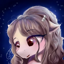 Size: 2048x2048 | Tagged: safe, artist:eris azure, imported from derpibooru, oc, oc only, earth pony, pony, blue background, brown mane, curly hair, cute, endless love, eye, eyebrows, hair, jewelry, mane, mariah carey, red eyes, simple background, solo