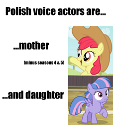 Size: 2000x2200 | Tagged: safe, imported from derpibooru, screencap, apple bloom, wind sprint, earth pony, pegasus, pony, common ground, the last roundup, adorabloom, antonina żbikowska, applejack's hat, cowboy hat, cute, female, filly, fun fact, hat, impact font, joanna pach-żbikowska, polish, sprintabetes, voice actor joke