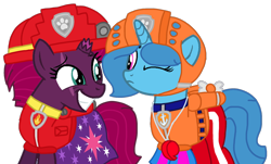 Size: 1742x1051 | Tagged: safe, alternate version, artist:徐詩珮, imported from derpibooru, fizzlepop berrytwist, spring rain, tempest shadow, pony, unicorn, series:sprglitemplight diary, series:sprglitemplight life jacket days, series:springshadowdrops diary, series:springshadowdrops life jacket days, alternate universe, background removed, broken horn, clothes, cutie mark, cutie mark on clothes, dress, eye scar, eyelashes, female, grin, helmet, horn, lesbian, lifeguard, lifeguard spring rain, mare, marshall (paw patrol), paw patrol, paw prints, scar, shipping, shorts, simple background, smiling, spring rain is not amused, springshadow, transparent background, unamused, whistle, zuma (paw patrol)