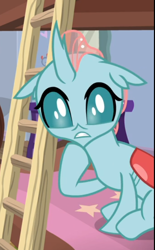 Size: 446x719 | Tagged: safe, imported from derpibooru, screencap, ocellus, changedling, changeling, school raze, bed, cropped, female, ladder, shocked, sitting, solo