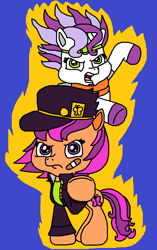 Size: 611x975 | Tagged: safe, artist:logan jones, imported from derpibooru, scootaloo (g3), sweetie belle (g3), clothes, cosplay, costume, g3.5, jojo's bizarre adventure, jotaro kujo, stand, star platinum, stardust crusaders