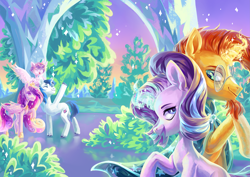 Size: 4961x3508 | Tagged: safe, artist:shininglovelystar, imported from derpibooru, princess cadance, princess flurry heart, shining armor, starlight glimmer, sunburst, alicorn, pony, unicorn, baby, baby pony, crystal empire, crystal palace, female, magic, magic aura, male, mare, shipping, stallion, starburst, straight