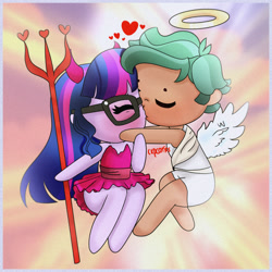 Size: 2000x2000 | Tagged: safe, artist:cxpcakes, imported from derpibooru, sci-twi, timber spruce, twilight sparkle, equestria girls, adorable face, adorkable, angel, angel x devil, angelic wings, blushing, chibi, couple, cute, devil, devil horns, dork, female, kissing, male, pitchfork, shipping, straight, timberbetes, timbertwi, twiabetes, wings