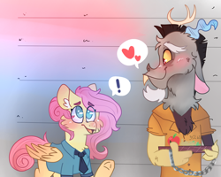 Size: 2500x2000 | Tagged: safe, artist:no-name-blog-scree, artist:no-name-blogg, artist:noodlezss, imported from derpibooru, discord, fluttershy, draconequus, pegasus, pony, blushing, cheek fluff, chest fluff, clothes, cuffs, discoshy, ear fluff, exclamation point, eye clipping through hair, eyebrows, eyebrows visible through hair, female, floppy ears, folded wings, handcuffed, heart, height scale, high res, looking at each other, looking at someone, looking up, male, mare, necktie, open mouth, pictogram, police, police officer, police pony, police uniform, prison outfit, prisoner, profile, raised hoof, shipping, smiling, speech bubble, standing, straight, underhoof, wings