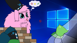 Size: 3400x1900 | Tagged: safe, artist:qnight, artist:qnighter, imported from derpibooru, oc, oc only, oc:fluffle puff, pony, bricks, cracked screen, microsoft, microsoft windows, pillow, solo, speech bubble, wallpaper, windows