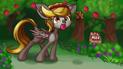 Size: 3840x2160 | Tagged: safe, artist:alexsavenije, imported from derpibooru, derpy hooves, pegasus, apple, ear fluff, flower, food, muffin, tongue out, tree