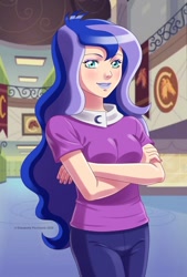 Size: 600x890 | Tagged: safe, artist:eli-pic, imported from derpibooru, princess luna, equestria girls, canterlot high, female, hallway, human coloration, makeup, smiling, solo, vice principal luna