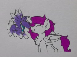 Size: 2471x1843 | Tagged: safe, artist:drheartdoodles, imported from derpibooru, oc, oc only, oc:dr.heart, oc:infinatus, clydesdale, pegasus, boop, chest fluff, clothes, scarf, size difference, smiling, traditional art