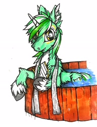 Size: 1748x2284 | Tagged: safe, artist:creature.exist, imported from derpibooru, lyra heartstrings, pony, unicorn, bath, bathing, female, photo, solo, traditional art, water
