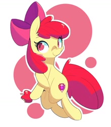 Size: 1280x1463 | Tagged: safe, artist:kindakismet, imported from derpibooru, apple bloom, earth pony, pony, adorabloom, apple, apple bloom's bow, bitten apple, bow, cute, female, food, hair bow, looking at you, simple background, smiling, smiling at you, solo