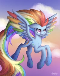 Size: 1356x1714 | Tagged: safe, artist:bluesunrise905, imported from derpibooru, rainbow dash, pegasus, pony, twilight's kingdom, cloud, colored wings, female, floppy ears, flying, mare, multicolored wings, rainbow power, rainbow wings, sky, solo, spread wings, wings