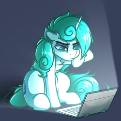 Size: 4000x4000 | Tagged: safe, artist:witchtaunter, imported from derpibooru, oc, oc only, oc:rainspeak, pony, unicorn, computer, laptop computer, solo, tired