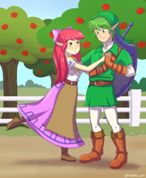 Size: 2500x3056 | Tagged: safe, artist:riouku, imported from derpibooru, apple bloom, spike, human, apple, apple tree, clothes, commission, cosplay, costume, female, humanized, link, male, malon, shield, shipping, spikebloom, straight, sweet apple acres, sword, the legend of zelda, tree, weapon