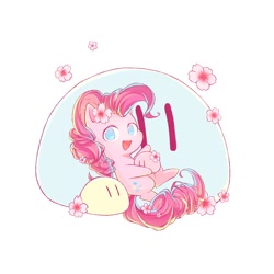 Size: 2000x2000 | Tagged: safe, artist:云观雾里, imported from derpibooru, pinkie pie, pony, chibi, dumplings, female, flower, food, mare, smiling, solo