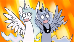 Size: 1136x640 | Tagged: safe, artist:vladivoices, imported from derpibooru, princess celestia, princess luna, alicorn, pony, blank eyes, blurred background, blurry background, chibi, duo, gasp, mlp conquest, screaming, shocked, shocked expression, surprised