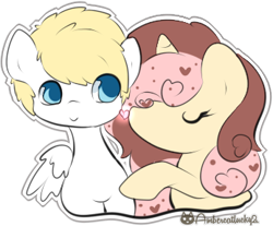 Size: 347x288 | Tagged: safe, artist:ambercatlucky2, imported from derpibooru, oc, oc only, oc:chocolate strawberri vanilli breezi, oc:ice luck, pegasus, unicorn, eyes closed, horn, hug, pegasus oc, simple background, transparent background, unicorn oc, wings