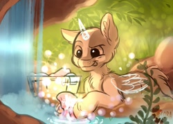 Size: 700x500 | Tagged: safe, artist:zobaloba, imported from derpibooru, pony, any gender, auction, bubble, clothes, commission, grass, nature, rock, sketch, solo, washing, waterfall, your character here