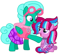 Size: 1130x1046 | Tagged: safe, alternate version, artist:徐詩珮, imported from derpibooru, glitter drops, oc, oc:bubble sparkle, alicorn, pony, bubbleverse, series:sprglitemplight diary, series:sprglitemplight life jacket days, series:springshadowdrops diary, series:springshadowdrops life jacket days, alicornified, alternate universe, background removed, backpack, clothes, dress, duo, eyelashes, female, glittercorn, goggles, looking back, magical lesbian spawn, magical threesome spawn, mother and child, mother and daughter, multiple parents, next generation, offspring, open mouth, parent:glitter drops, parent:spring rain, parent:tempest shadow, parent:twilight sparkle, parents:glittershadow, parents:sprglitemplight, parents:springdrops, parents:springshadow, parents:springshadowdrops, paw patrol, race swap, raised hoof, simple background, sitting, skye (paw patrol), smiling, transparent background, underhoof