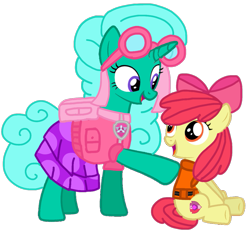 Size: 1117x1043 | Tagged: safe, alternate version, artist:徐詩珮, imported from derpibooru, apple bloom, glitter drops, earth pony, pony, unicorn, series:sprglitemplight diary, series:sprglitemplight life jacket days, series:springshadowdrops diary, series:springshadowdrops life jacket days, adorabloom, alternate universe, background removed, backpack, bow, clothes, cute, cutie mark, dress, duo, eyelashes, female, filly, glitterbetes, goggles, hair bow, lifejacket, looking back, mare, open mouth, paw patrol, raised hoof, simple background, sitting, skye (paw patrol), smiling, the cmc's cutie marks, transparent background, underhoof