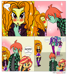 Size: 5578x6028 | Tagged: safe, artist:sodaska, imported from derpibooru, adagio dazzle, aria blaze, sonata dusk, sunset shimmer, oc, oc:ruby sword, equestria girls, bait and switch, bedroom eyes, blushing, canon x oc, crossed arms, ear pull, grumpy, kiss denied, lidded eyes, looking at each other, male, male pov, offscreen character, pouting, pov, puckered lips, shipping, shipping denied, sunsword, the dazzlings