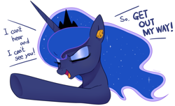 Size: 2009x1221 | Tagged: safe, artist:maren, imported from derpibooru, princess luna, alicorn, pony, cork, crown, dialogue, ear plugs, eyes closed, female, jewelry, regalia, simple background, solo, white background